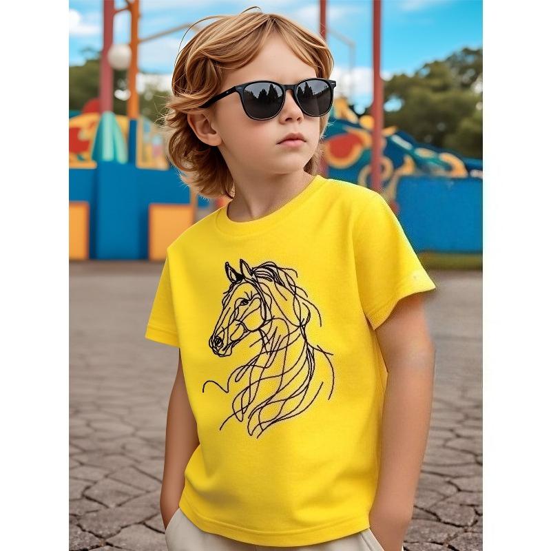 European Sizes Boys' T-Shirt Horse Head Abstract Line Art Design, Ideal for Outdoor Activities, Soft Knitted Top, Comfortable And Breathable