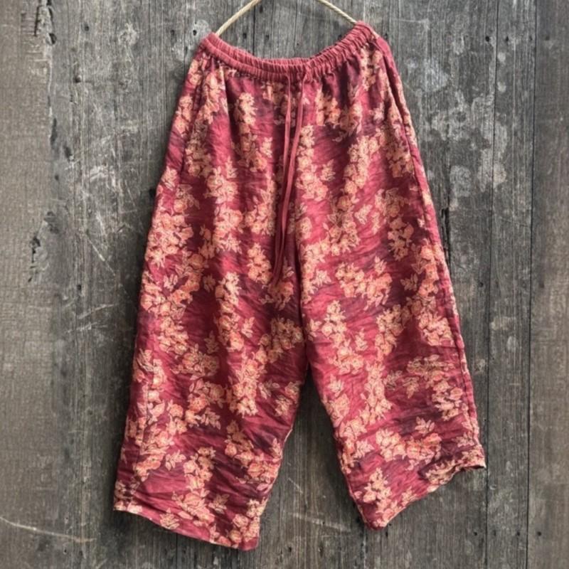Johnature Women Vintage Wide Leg Pants Elastic Waist Pockets Autumn Loose Trousers Print Floral Belt Soft Pants