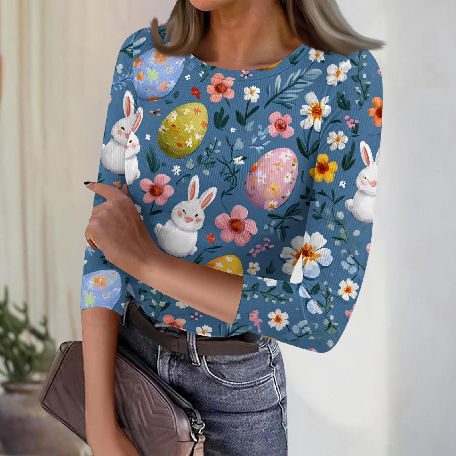 

Women s Casual Fashion Round Neck Easter Print Three-Quarter Sleeve Ribbed Top XXL синий
