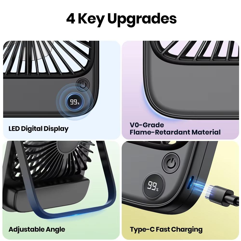 Tragbarer Schreibtischventilator 2000mAh/5000mAh Akkubetrieben Leise Dünner Tischventilator für Büro, Reise, Bibliothek Nackenventilator