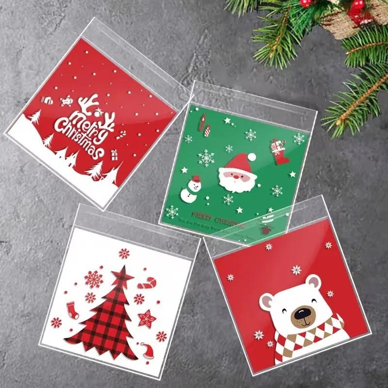 100pcs Christmas Cookie Candy Bags Self Adhesive Gift Packaging Biscuit Snack Bag New Year 2024 Noel Navidad Xmas Party Decor