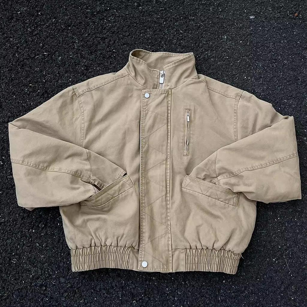 Unisex Khaki Wide Bomber Jacket: American-Style, Stand Collar, Distressed Workwear 