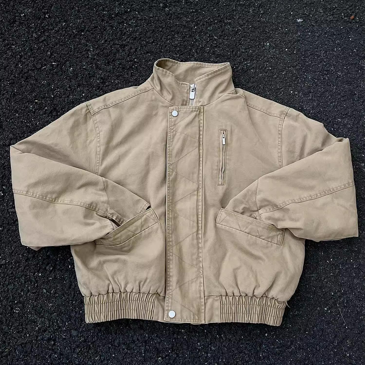 

Unisex Khaki Wide Bomber Jacket: American-Style, Stand Collar, Distressed Workwear L