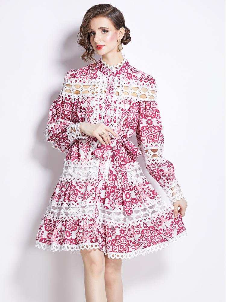 Summer Autumn Runway Embroidery Hollow Out Lace Crochet Dress Women's Single Breasted Print Lace-up Party Dresses