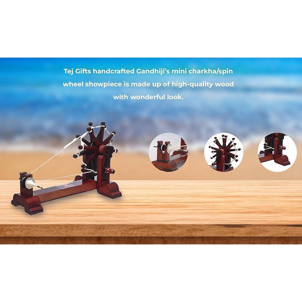Handcrafted Gandhiji Wooden Mini Charkha Spin Wheel Showpiece | Handmade Wooden Charka for Home Décor, Office Desk, Table |