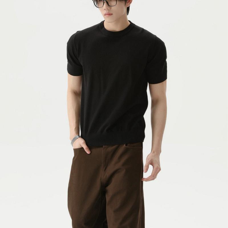 Mens Solid Color Loose Casual Short Sleeve Knit T Shirt