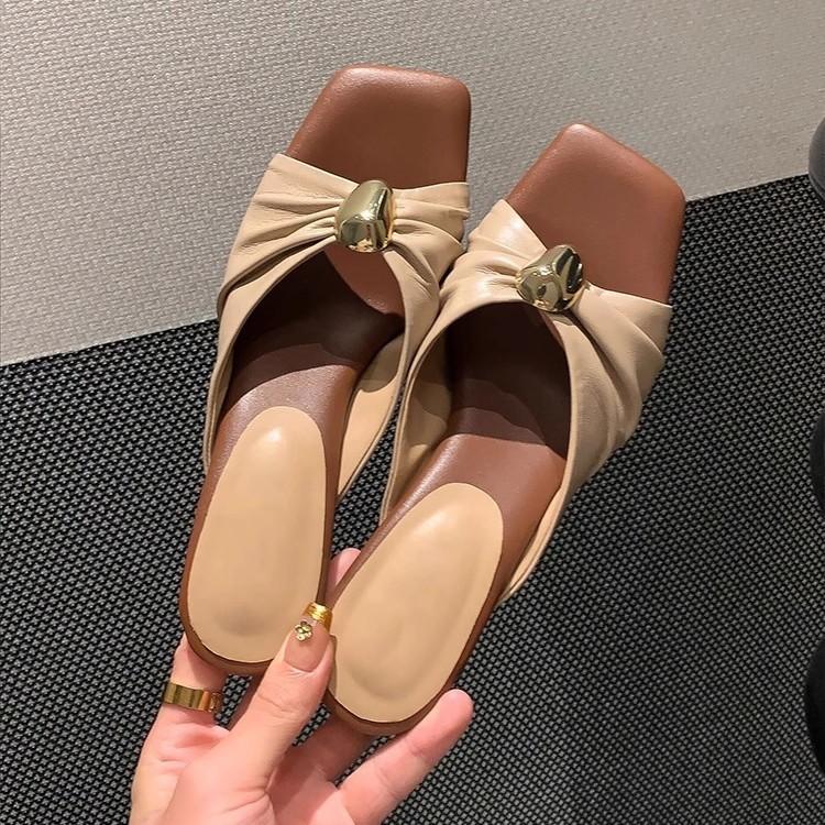 Sheepskin version~ French fairy style temperament gentle high heels women's metal buckle pleated leather open-toed slippers