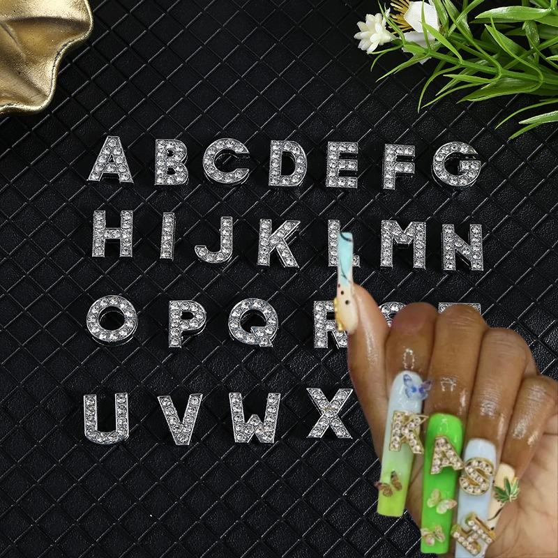 Hot 8mm 3D Capital English Alphabet Glitter Nail Charms Gold Silver Rhinestone Letters DIY Nail Charms