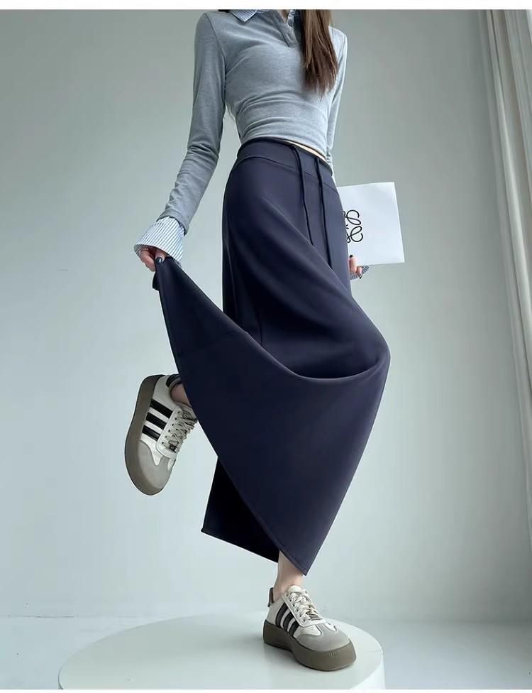 Women's Gray High Waist Slit Midi Skirt - Autumn A-line Draping Sweatshirt Style