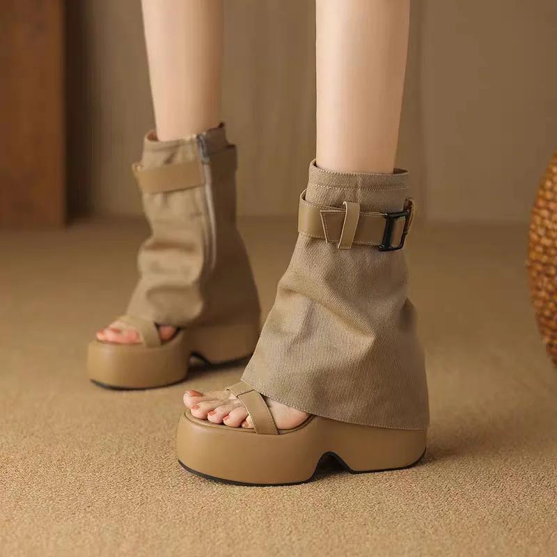 Fashion 2025 Ladies Shoes Platform Modern Women's Boots Side Zip Round Toe Buckle Mid-Calf Boots Classics Versatile Open Toe Sandals