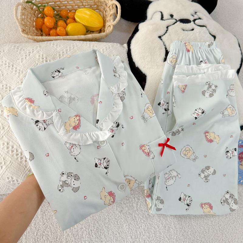 Cute lace pajamas women's spring and autumn new imitation cotton long-sleeved cartoon puppy dog loungewear set