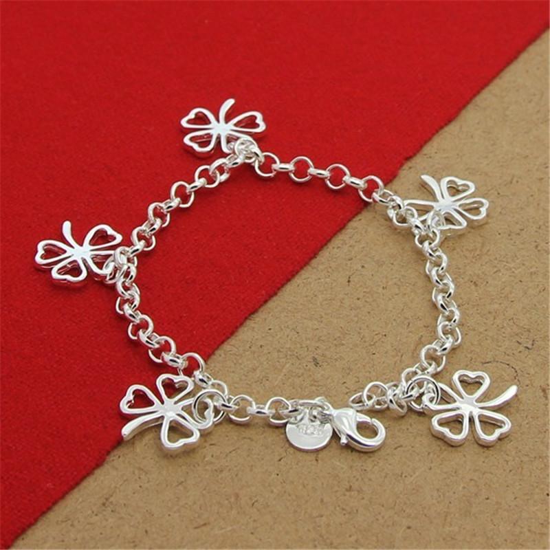 High Quality  Sterling  Bracelet Four Leaf Clover Bracelet 8 Inches For Women & Men Party Charm Jewelry Gifts