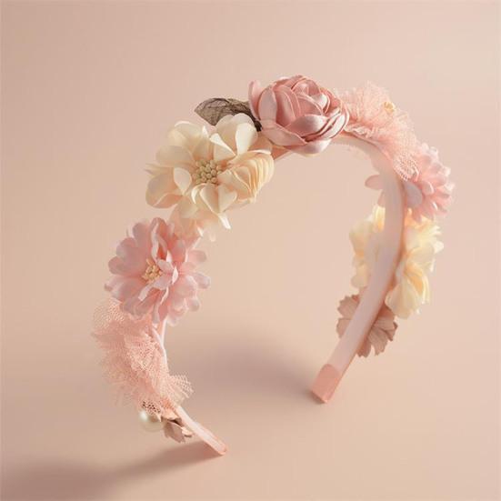 Soft Yarn Headband with Gauze Flowers Faux Pearls Decor Romantic