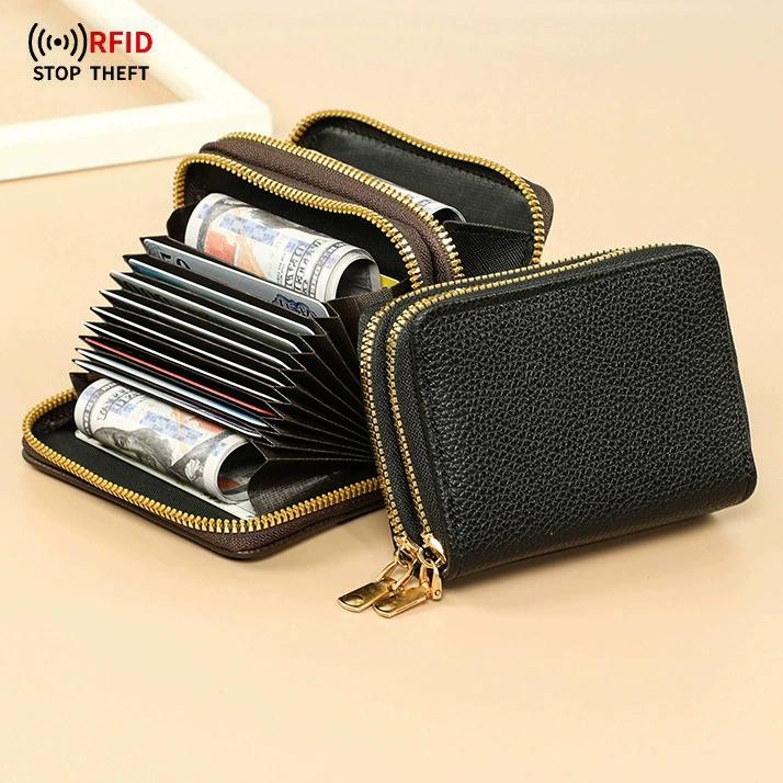 Rfid Card Holder Double Zipper Women Wallet Pu Leather Organ Card Bag Purse Large Capacity Multi-Solt Bank Card Cover Business Card Clip With Window