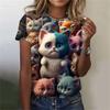 Maglietta da donna alla moda, con stampa 3D, motivo a gatto kawaii, a maniche corte, girocollo, estiva, casual, da strada, semplice
