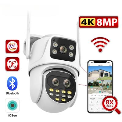 Yeni AB 8MP Çift Ekran ve Çift Lens Wifi Gözetim Kamerası Ai Otomatik Takip Renkli Gece Görüş Bluetooth Dış Mekan PTZ Güvenlik Kamerası
