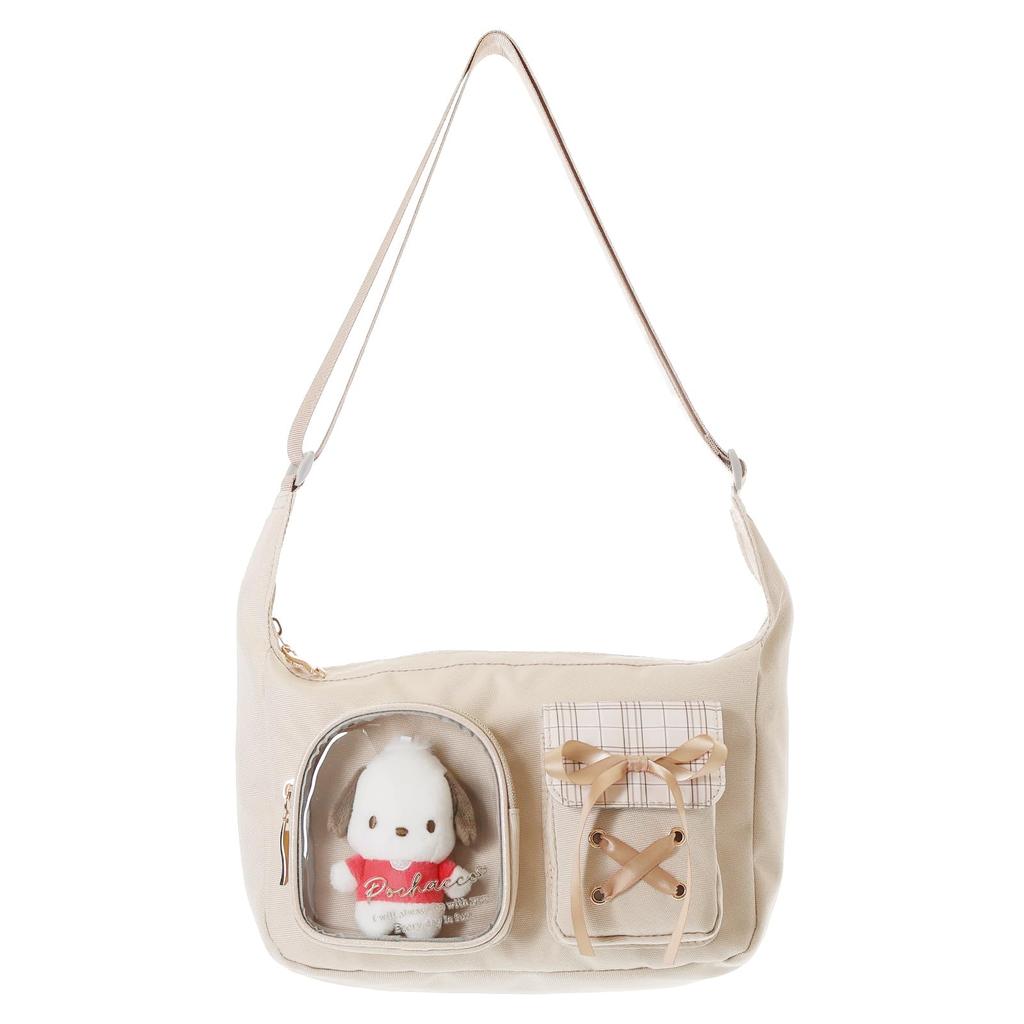 Sanrio Characters Round Shoulder Bag, Polyester Check, 2 Pockets, Stuffed Animals, 17.5cm H X 25cm W X 9cm D (Pochacco)