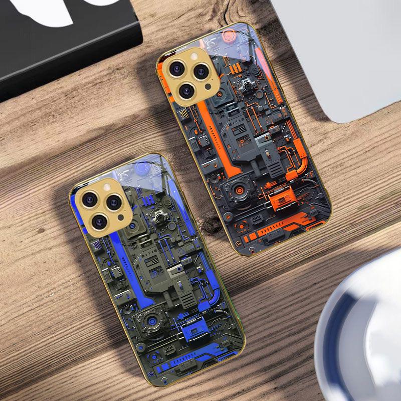 Yellow circuit board For IPhone 16 16Pro Max 15 P ro 14 13 Plus 12 Mini 11Pro Max XS Max XR Golden tempered glass phone case