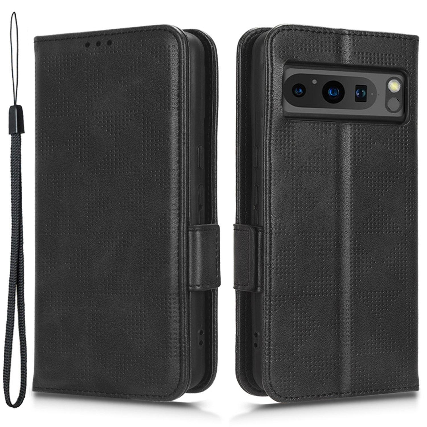 

Для Google Pixel 8 Pro Защитный чехол-кошелек от царапин из ПУ кожи с тисненым треугольником и подставкой Black