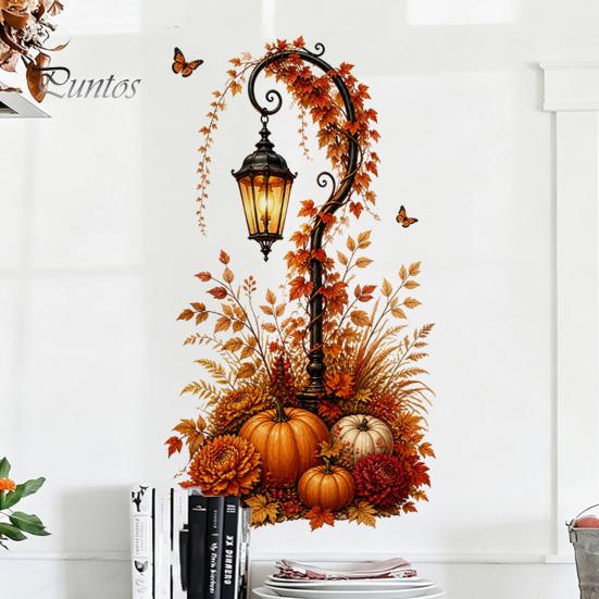 Thanksgiving Window Clings Autumn Pumpkin Street Lamp & Maple Leaves Wall Sticker, Waterproof PVC Fall Harvest Atmosphere Decor Decal, Decorative Peel