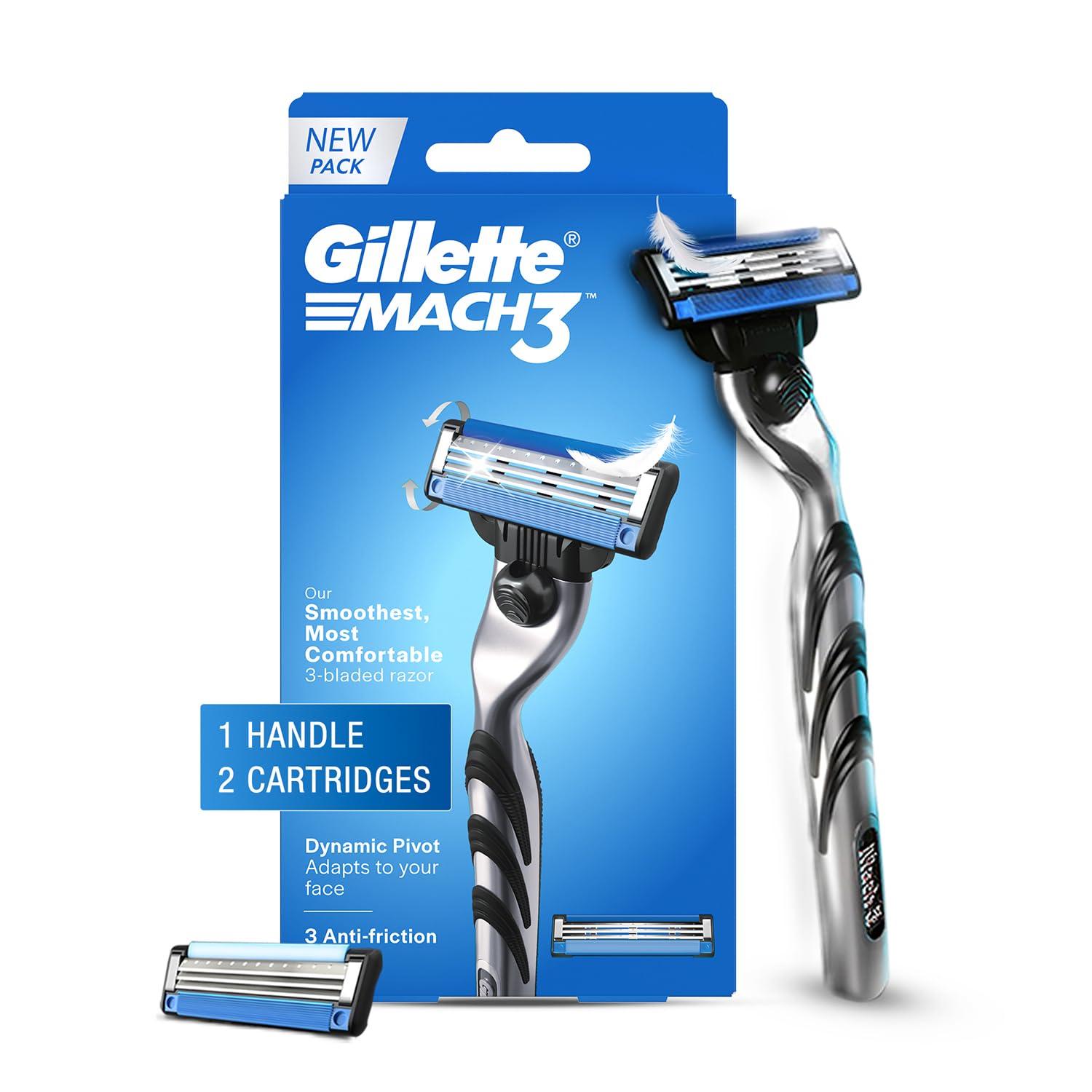 Gillette Mach 3 (Ручка + 2 картриджа) Бритва для мужчин | Самое комфортное бритье | 3D-технология лезвий, адаптирующаяся к вашему лицу | Металлическая ручка