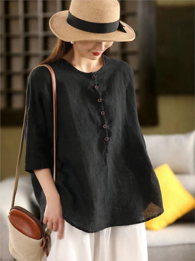 Johnature Women Vintage Solid Color T-Shirts O-Neck Half Sleeve Button Loose Summer Casual T-Shirts