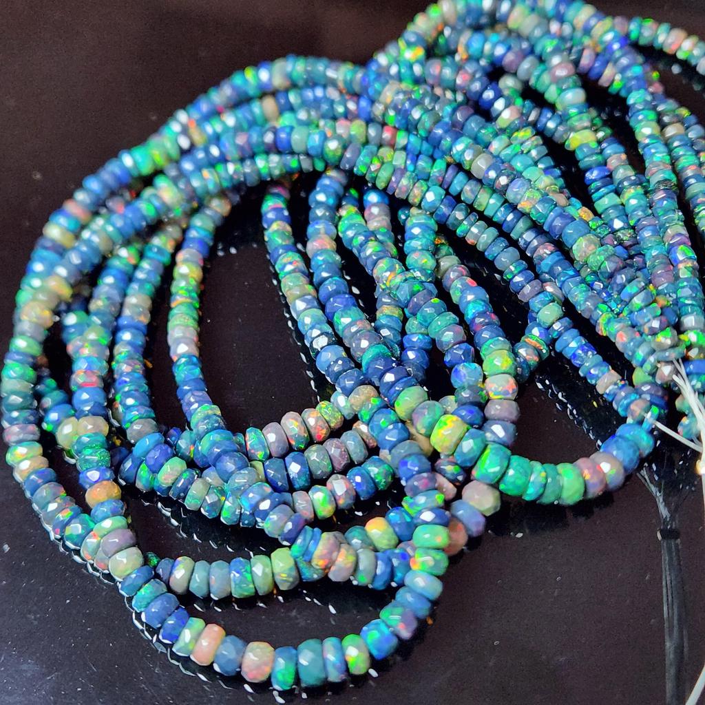 Faceted Rainbow Flashy Rondell Ethiopian Opal Beads, Healing Black Faceted Strand.