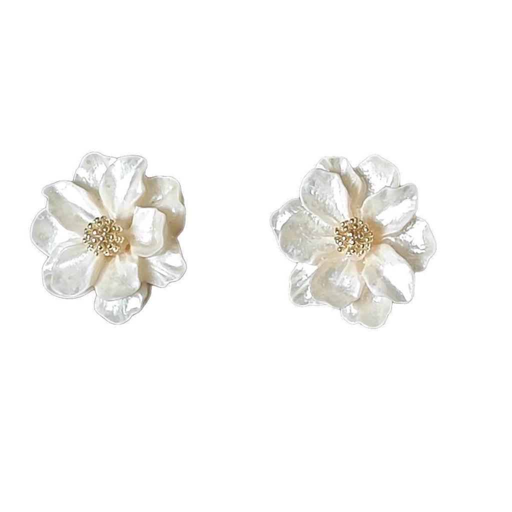 Pearl Camellia Flower Stud Earrings - Luxurious Korean Style, Perfect for Seaside Vacations