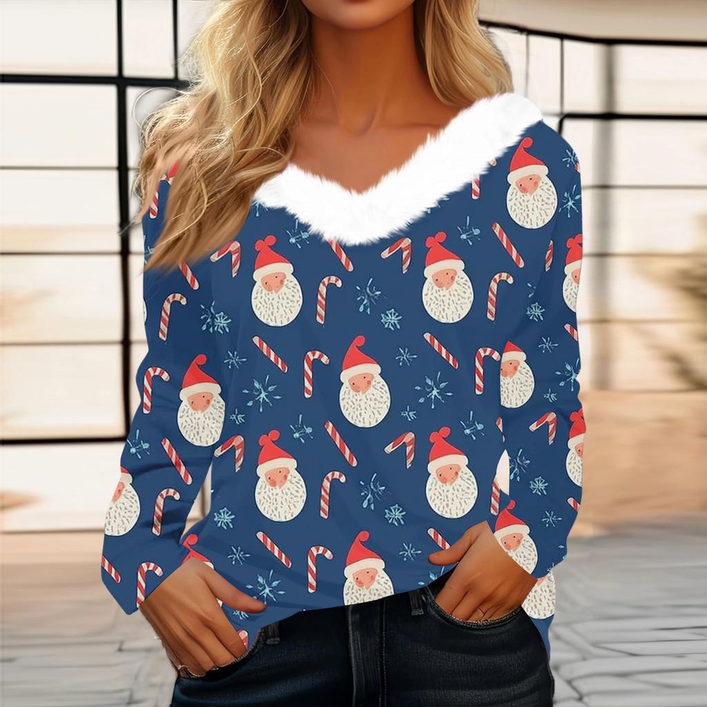 Women's Fashion Long Sleeve Christmas V-Neck Printed Party Furry Top