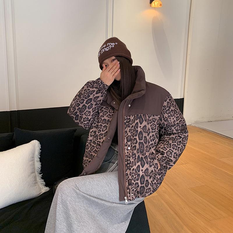 

Осенне-зимняя новая стеганая куртка с леопардовым принтом женская укороченная утолщенная студенческая с капюшоном полиэстеровая стеганая куртка XL