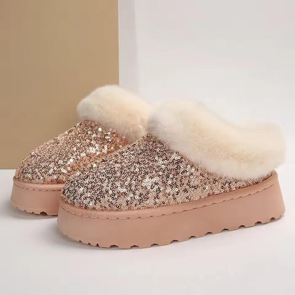 Dicke Sohle Warme Schneestiefel Damen Winter Verdickte Warme Pailletten Baumwollschuhe Bequeme Outdoor Freizeit Pelzschuhe
