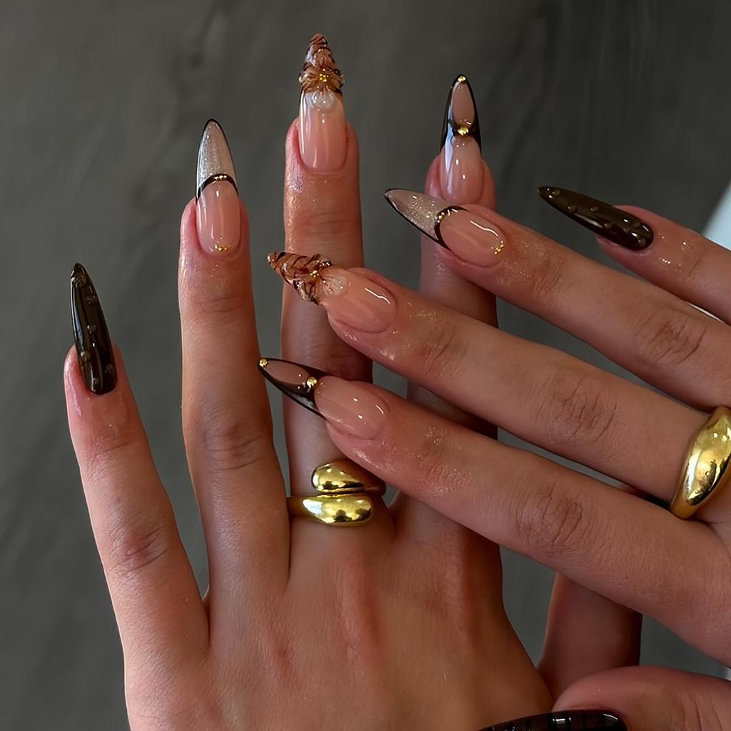 Almond Shape False Nails with Stripes, 3D Flowers, and Rhinestones