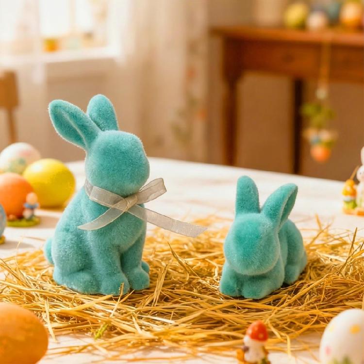 2Pcs/set Lovely Flocking Easter Rabbit Statues Small Resin Desktop Ornament Ideal For Party Table Centerpieces