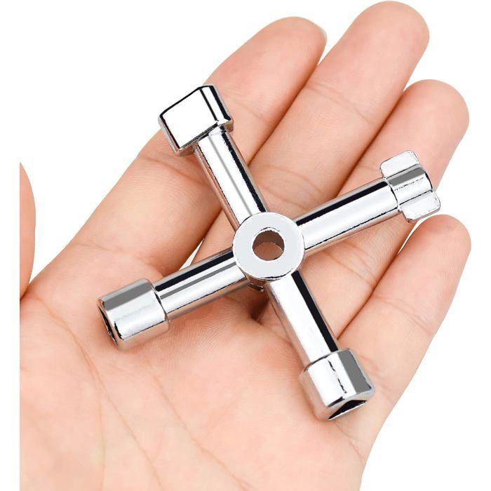 Clé multifonction 4 voies en alliage de zinc – croix (carré, 2 triangles, bouton) 5,5×5,5 cm (Argent)