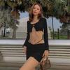 Tooxika New Spring And Summer Long Sleeve Cross Strap Navel Exposed T-shirt Short Skirt Set