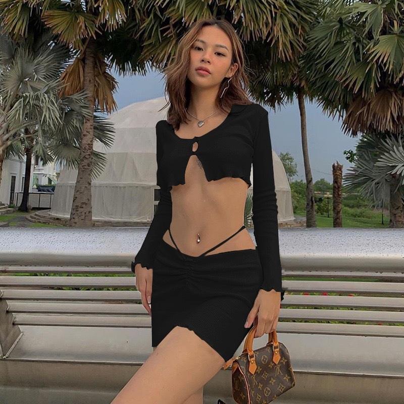 Tooxika New Spring And Summer Long Sleeve Cross Strap Navel Exposed T-shirt Short Skirt Set