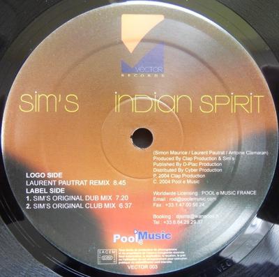 12inch Record SIMS  Indian Spirit VECTOR003 Vector Records 2004 France Dance  Electronica Used