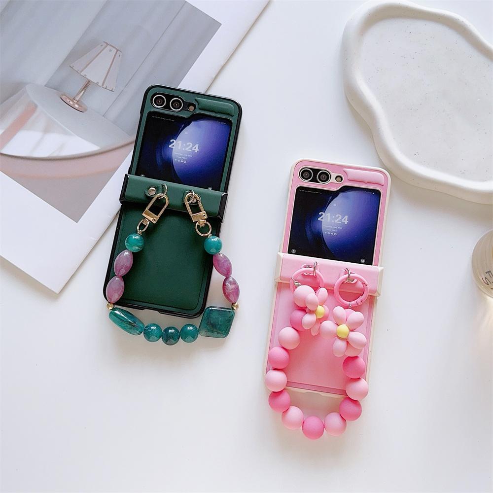 Phone Case with Hinge Protection & Beads Wrist Strap Bracelet For Samsung Galaxy Z Flip 6 5 4 3 5G Hard Plastic PU Leather Cover