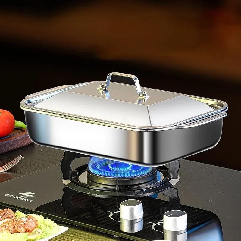 Stainless Steel Deep Baking Pan with Lids Multifunction Rectangular Oven-Safe Baing Pans for Kitchen Seafood Grilled Fish Pans
