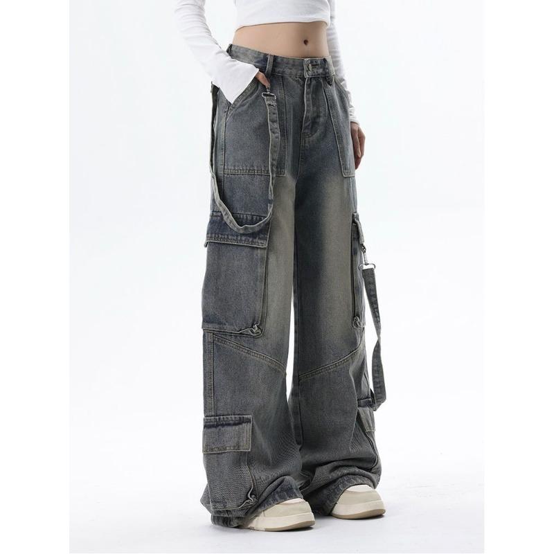 Retro Workwear Wide-leg Jeans for Women Autumn and Winter High Street Design Loose and Slim High-waisted Straight Pants