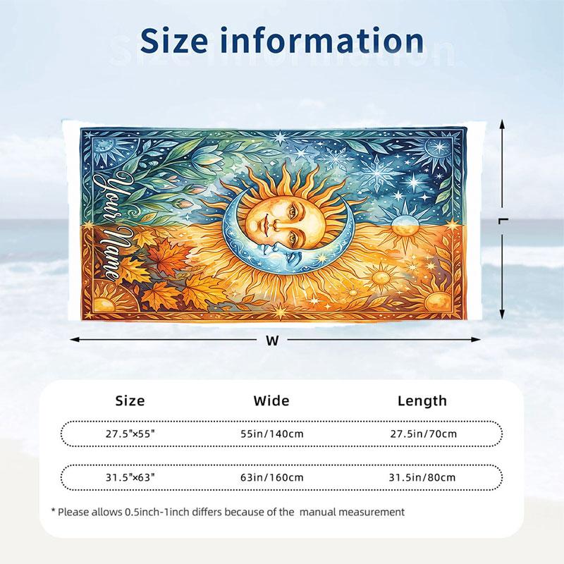 Sun Moon Art Theme Quick Dry Beach Towel Custom Name Text Print Large Sand Resistant Towel Beach Vacation