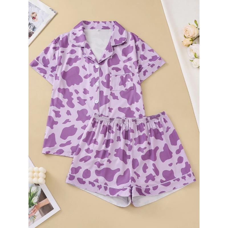Two-piece set of women's pajamas lapel top and trousers cow pattern summer casual women's pajamas home wear