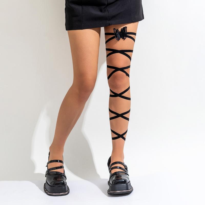 Lolita Cross Bandage Stehenní řetízek Harajuku Sexy Black Flower Butterfly Nohy Náramek Elastické Y2K tělové šperky Příslušenství