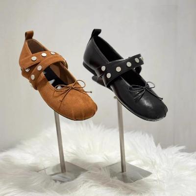 Sheepskin Version~ Genuine Leather French Bow Flat Bottom Inner Height Increase 5cm Shallow Mouth Single Shoes Women's Rivets Cross Belt Mary Jane