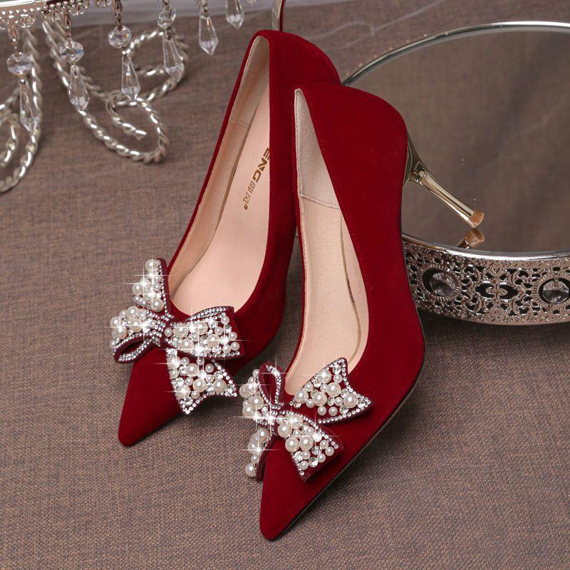 Wedding Shoes Women's Bow High Heel Bride Shoes Red Show Clothes Wedding Dress Dual-purpose Wedding Shoes Toasting Not Tired Feet Single Shoes