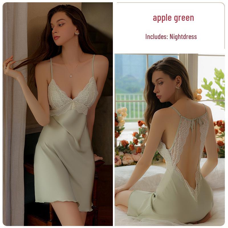 Stunning Satin Lace Backless Tie-Waist Camisole Nightgown Robe with Padding