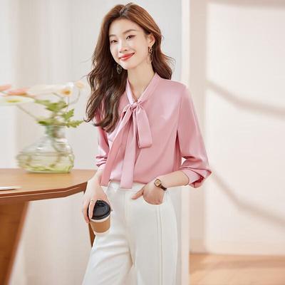Women's Wrinkle-Free Satin Pussy-Bow Long Sleeve Blouse