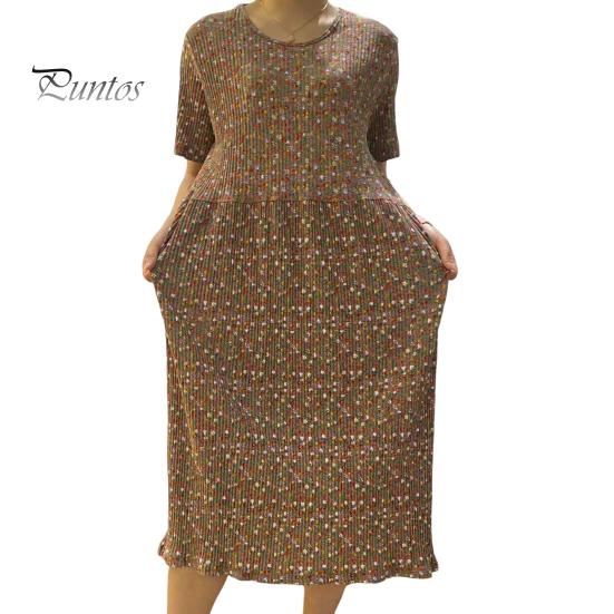 

Летнее женское платье с маленьким цветочным принтом и круглым вырезом, свободное платье миди с короткими рукавами и плиссировкой до середины икры, пуловер для свиданий и покупок кофейный