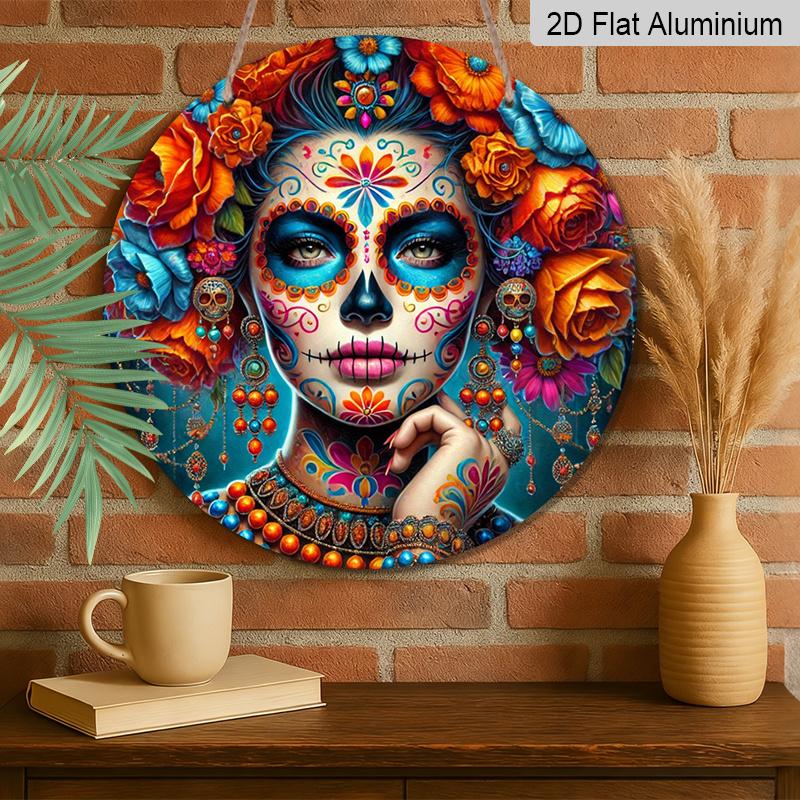 2D Flat 1pc, 8x8 in, Round Aluminum Metal Sign - Skull Design, Themed for Day of The Dead - for Outdoor & Indoor Decoration - Suitable for Spring and