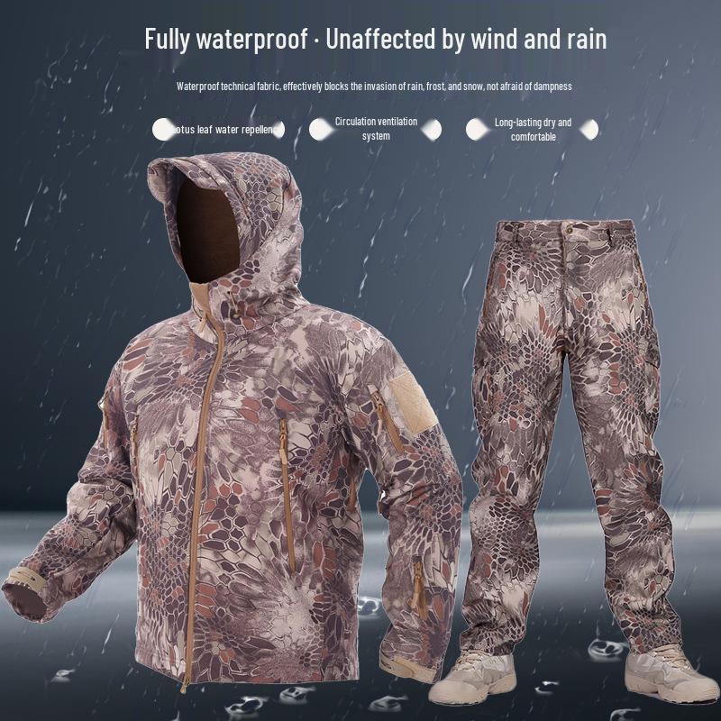 Alpha Green Tactical Sharkskin Waterproof Ski Suit: Camouflage Soft Shell Pants & Warm Fleece Set